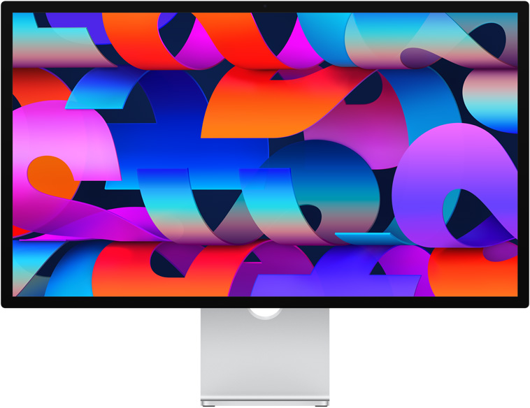 Apple Studio Display shown from the front with a colorful screen