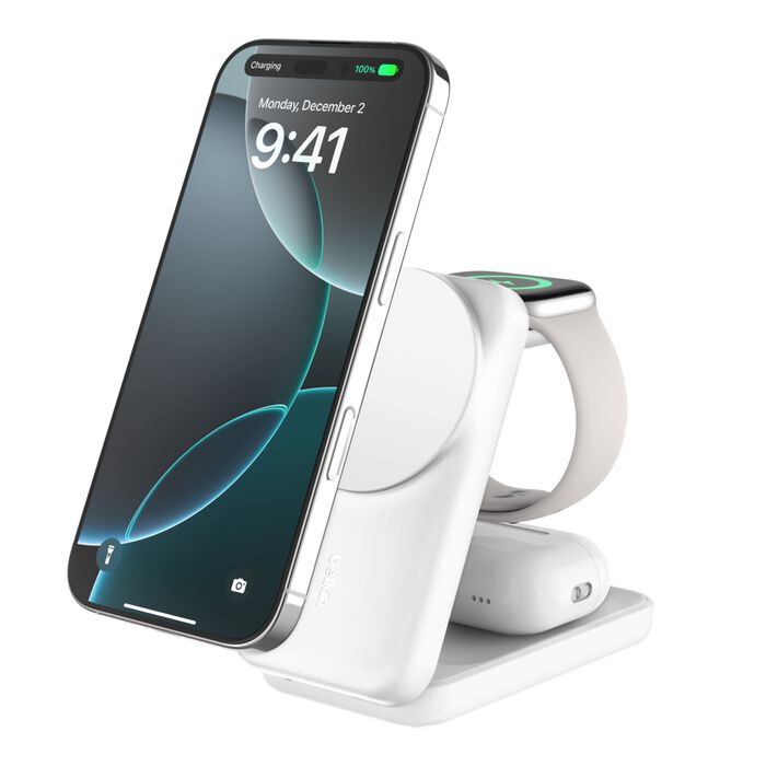 White Belkin BBB009-WH foldable charger shown with a phone, Apple Watch, and AirPods