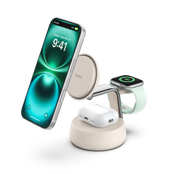 Sand Belkin UltraCharge Pro dock shown with a phone, Apple Watch, and AirPods