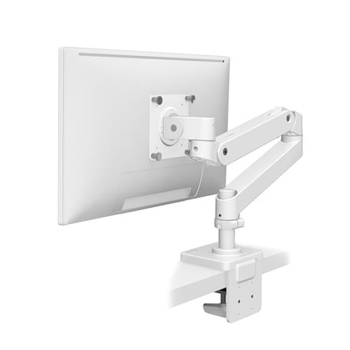 White Ergotron LX Pro desk arm supporting an example monitor, viewed from behind