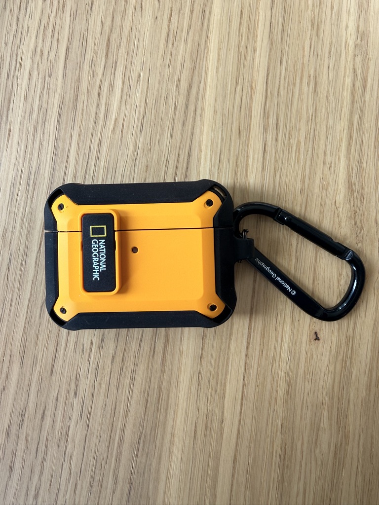 Yellow National Geographic AirPods case with its carabiner