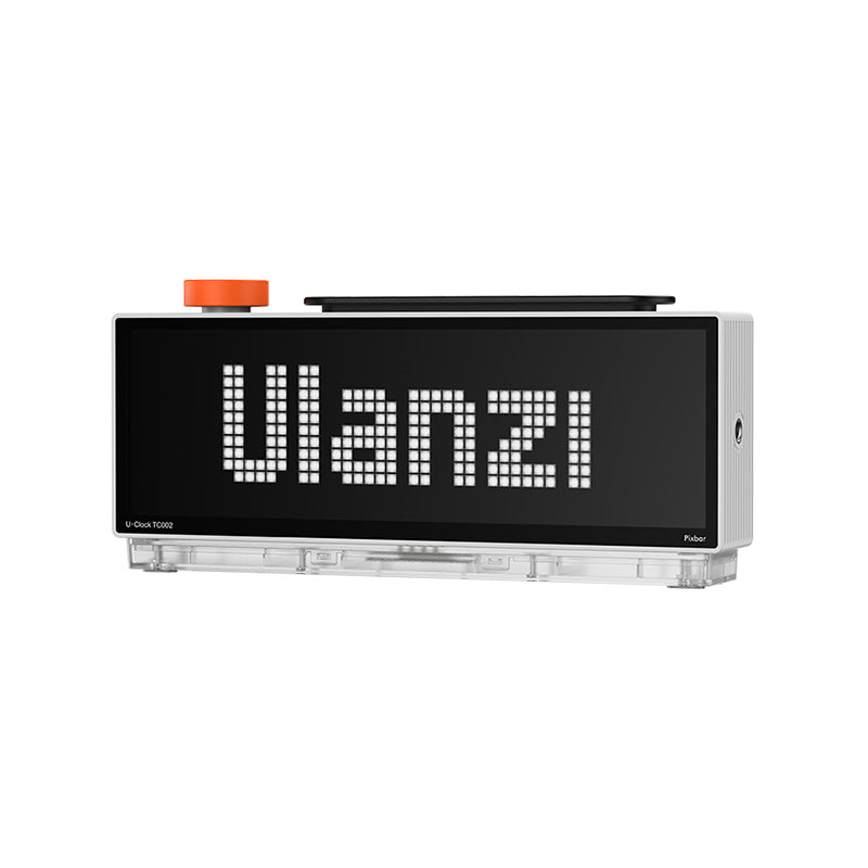 Ulanzi TC002 pixel clock on its dock, with an orange knob and Ulanzi displayed on the screen