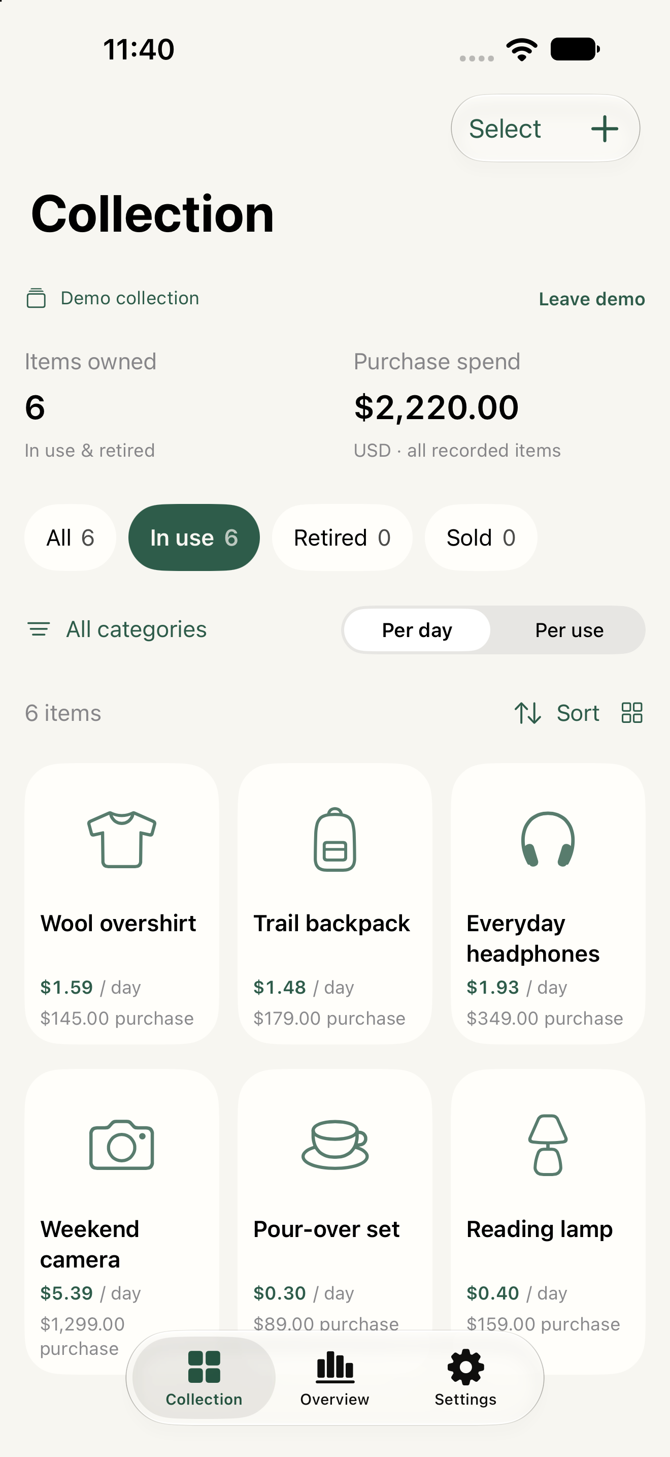Keeps demo collection with six belongings, category filters, and cost per day