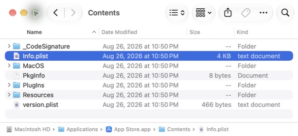 Finder 中选中了 App Store.app 内的 Info.plist，底部显示了应用包路径。