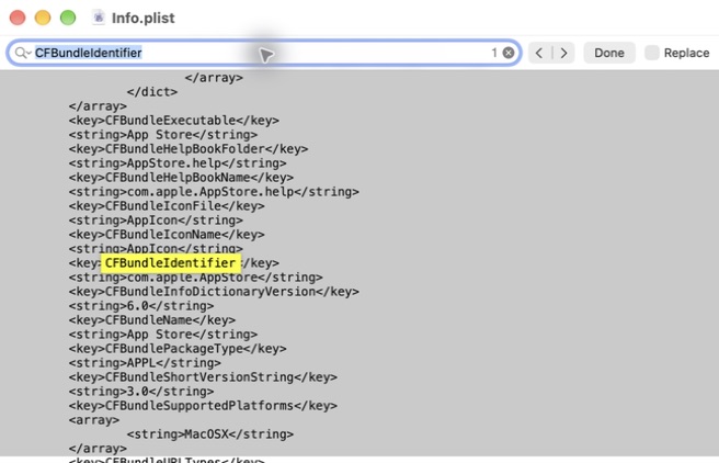 文本编辑在 App Store 的 Info.plist 中找到了 CFBundleIdentifier，下一行的值为 com.apple.AppStore。