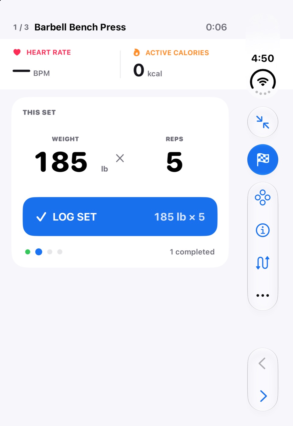 Focus on the closed iPhone Duo: the set card fills the screen and the workout actions sit in the side bar.