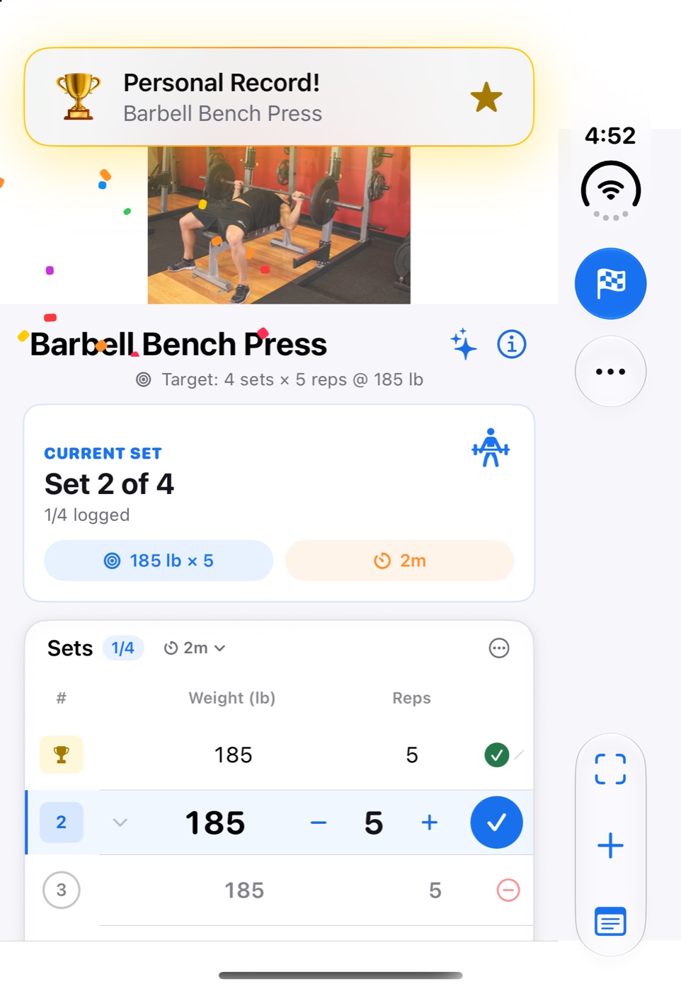 The workout page on the closed iPhone Duo: the exercise and its sets table, with Finish, Focus, Add Exercise and Notes in the side bar.