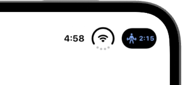 LiftCoach's Live Activity as a pill beside the clock, showing the lifting icon and 2:15.