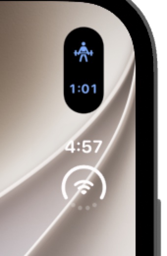 LiftCoach's Live Activity as a vertical capsule above the clock, showing the lifting icon and 1:01.