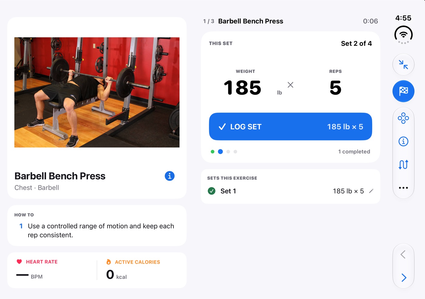 LiftCoach Focus on the open iPhone Duo: the bench press demo and instructions on the left page, the set logger on the right page, and workout actions in the side bar.