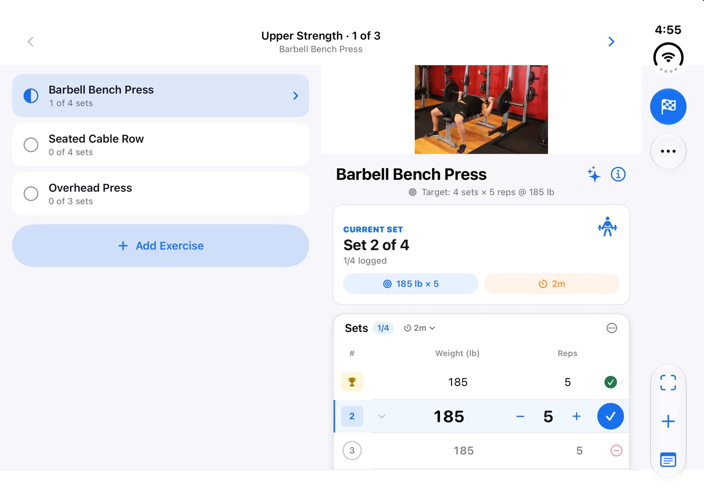 The workout page on the open iPhone Duo: a list of three exercises with sets completed on the left, and the selected exercise with its sets table on the right.